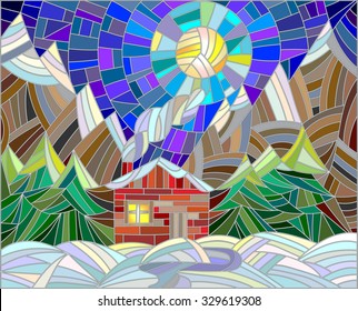 Winter landscape in the stained glass style with a lone house on a background of mountains and the night sky