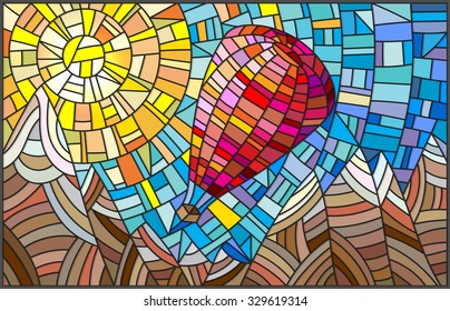 Winter landscape in the stained glass style hot air balloon on the background of sky, sun and snow-capped mountains