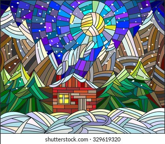 Winter landscape in the stained glass style with a lone house on a background of mountains and the night sky