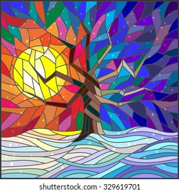 Winter landscape in the stained glass style with a lone tree against the bright sun and snow