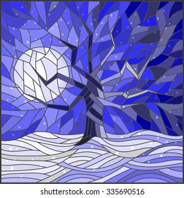 Winter landscape in the stained glass style with a lone tree against the bright moon and snow