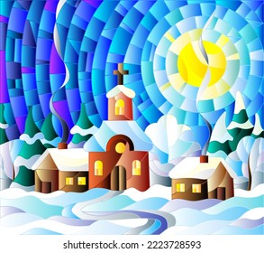 Winter landscape in stained-glass style Church and village houses on the background of snow, sky and sun