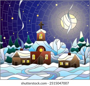 Winter landscape in stained-glass style Church and village houses on the background of snow, sky and moon