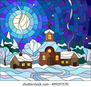 Winter landscape in stained-glass style Church and village houses on the background of snow, sky and moon