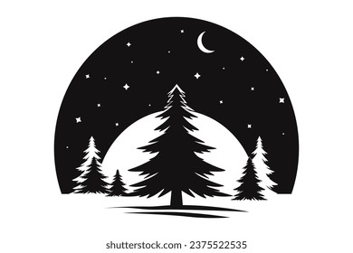 Winter landscape. Starry night in the winter forest. New Year silhouette.