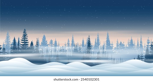 Winter landscape, starry sky, forest and snowdrifts, vector illustration