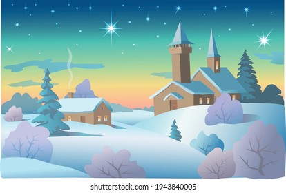Winter landscape with starry sky. Holiday design. Vector art illustration