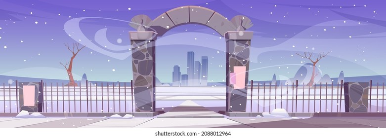 Winter landscape with stone arch entrance to public park or garden, snow, bare trees and city buildings on skyline. Vector cartoon illustration of fence with archway portal and snowfall