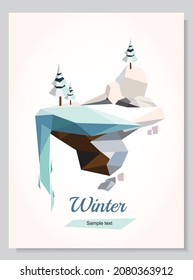 Winter landscape with stones, a lake with a waterfall, lonely rock and snowy fir trees. Vector island in geometric low poly style for use as gaming platforms, book and booklet cover designs, other. 