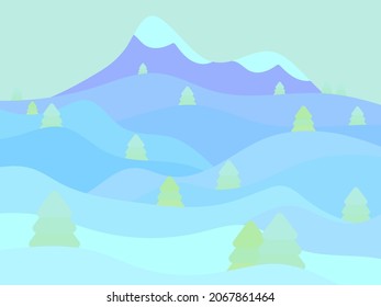 Winter landscape in the style of minimalism. Snow-covered hills and mountains with fir trees. Snowy wavy landscape. Design for prints and posters, promotional items. Vector illustration