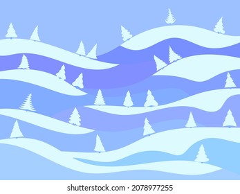 Winter landscape in the style of minimalism. Snow-covered hills and mountains with fir trees. Snowy wavy landscape. Design for prints and posters, promotional items. Vector illustration