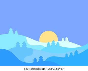 Winter landscape in the style of minimalism. Snow-covered hills and mountains with fir trees. Snowy wavy landscape. Design for prints and posters, promotional items. Vector illustration