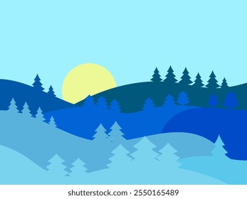 Winter landscape in the style of minimalism. Snow-covered hills and mountains with fir trees. Snowy wavy landscape. Design for prints and posters, promotional items. Vector illustration