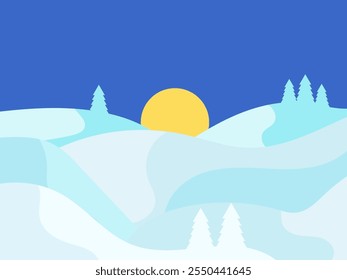 Winter landscape in the style of minimalism. Snow-covered hills and mountains with fir trees. Snowy wavy landscape. Design for prints and posters, promotional items. Vector illustration