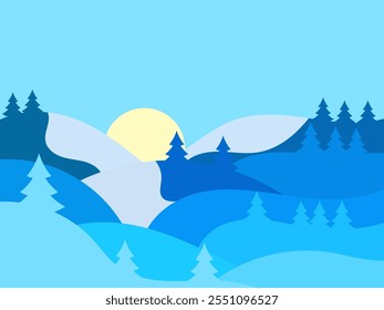 Winter landscape in the style of minimalism. Snow-covered hills and mountains with fir trees. Snowy wavy landscape. Design for prints and posters, promotional items. Vector illustration