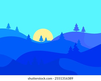 Winter landscape in the style of minimalism. Snow-covered hills and mountains with fir trees. Snowy wavy landscape. Design for prints and posters, promotional items. Vector illustration