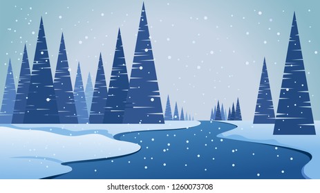 Winter. Landscape with stylized Christmas trees, snowdrifts and a river with ice. Snowfall. Frost. Vector image.