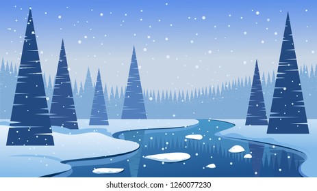 Winter. Landscape with stylized Christmas trees, snowdrifts and a river with ice. Snowfall. Frost. Vector image.