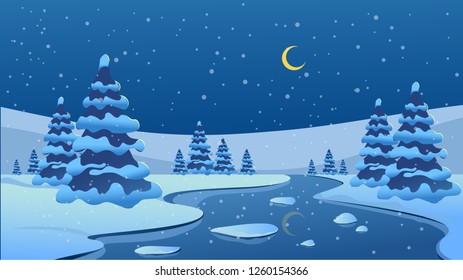 Winter. Landscape with stylized Christmas trees, snowdrifts and a river with ice. Vector image.