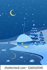 Winter. Landscape with stylized Christmas trees, a house, a moon in the sky, snowdrifts and a river with ice. Vector image.