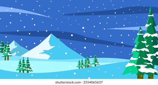 Winter landscape with stylized snowy mountains, pine trees, and falling snowflakes in cool blue and green tones. Perfect for seasonal posters or digital wallpapers.