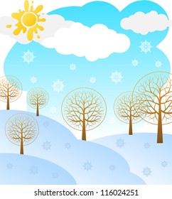 Winter landscape with stylized trees.