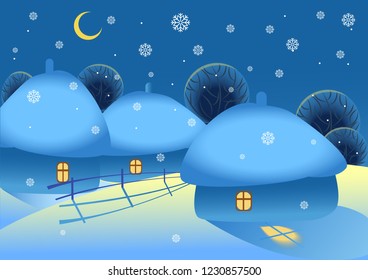 Winter. Landscape with stylized trees, houses, snow, snowflakes and moonlight. Vector image.