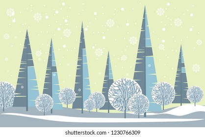  Winter. Landscape with stylized trees, trees, snow and sunlight. Vector image.