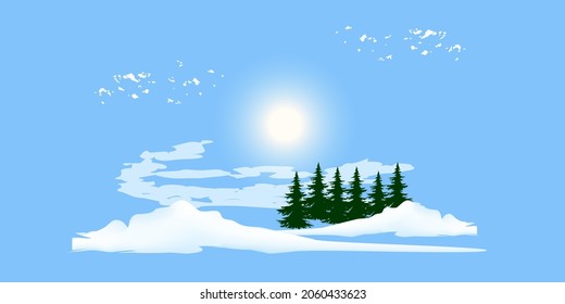 Winter landscape - sun, clouds, snowdrifts, fir trees - art, vector. Horizontal banner.Happy New Year. Christmas.