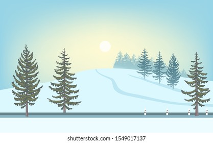 Winter landscape. Sun over snowy hill. Fir Trees and road  in the foreground. Forest far away. Vector illustration.