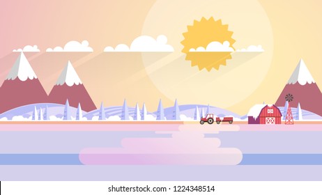 Winter Landscape In Sunset Background. Flat Vector Illustration
