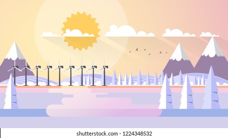 Winter Landscape In Sunset Background. Flat Vector Illustration
