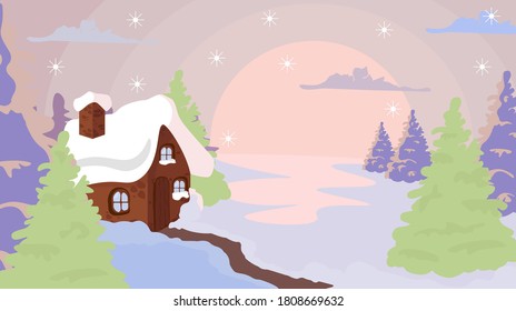 Winter landscape at sunset, a house in the Christmas trees. Cold illustration, snow