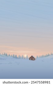 Winter landscape sunset with lonely country house covered by snow have silhouette pine forest and vanilla sky vertical background graphic illustration.