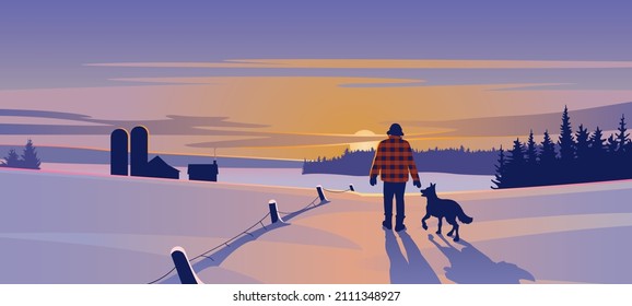 Winter landscape at sunset with man and dog walking in snow vector illustration