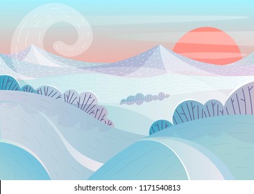 Winter landscape at sunset. Mountains, field, trees in snow and Blizzard.