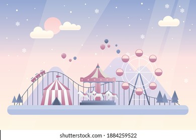 Winter landscape with a theme park.