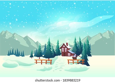 Winter landscape with a timber house.