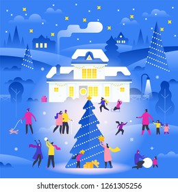 Winter landscape with tiny people walking  on suburban street and performing outdoor activities. Cosy house in the night with light in windows. Vector illustration in trendy flat simple style