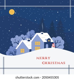 Winter landscape with tiny village view and snowy sky. Merry Christmas and Happy New Year greeting card or banner with place for your text.