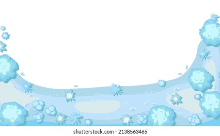 Winter landscape top view. Lower border. Frame around edge of image. Snowy frosty nature in cold season. From high. Drifts of snow. Illustration in flat design isolated on white background. Vector.