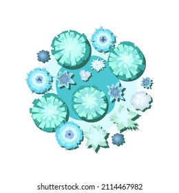 Vista superior del paisaje invernal. En forma de círculo. Aislado sobre fondo blanco. Naturaleza helada en temporada fría. Desde lo alto. Perforaciones de nieve. Ilustración en diseño plano de estilo caricatura. Vector.