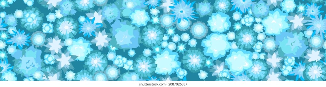 Winter landscape top view. Snowy frosty nature in cold season. From high. White drifts of snow. Horizontal composition. Seamless Illustration in cartoon style flat design. Vector.