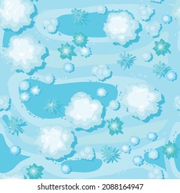 Winter landscape top view. Snowy frosty nature in cold season. From high. White drifts of snow. Seamless Illustration in cartoon style flat design. Vector
