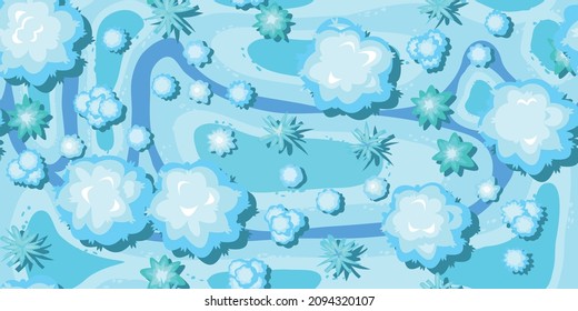 Winter landscape top view. Snowy frosty nature in cold season. River From high. White drifts of snow. Seamless Illustration in cartoon style flat design. Vector.
