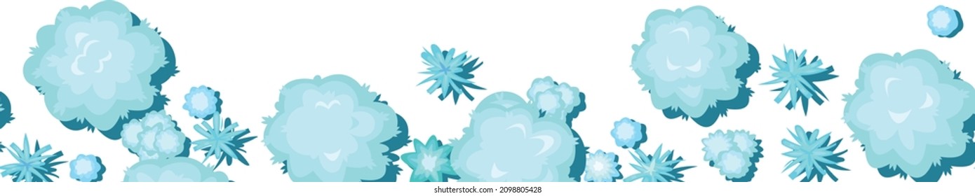 Winter landscape top view. Snowy frosty nature in cold season. From high. Horizontal composition. White drifts of snow. Seamless border Illustration style flat design. Isolated on background. Vector.