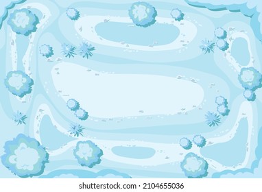 Winter landscape top view. Snowy frosty nature in cold season. From high. White and blue drifts of snow. Illustration in cartoon style flat design. Vector