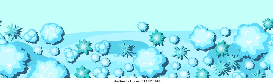 Winter landscape top view. Snowy frosty nature in cold season. From high. White drifts of snow. Horizontal composition. Seamless border Illustration in cartoon style flat design. Vector.