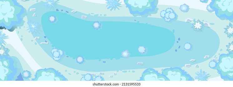 Vista superior del paisaje invernal. Naturaleza helada en temporada fría. Desde lo alto. Saltos de nieve blancos y azules. Ilustración en diseño plano de estilo caricatura. Vector.