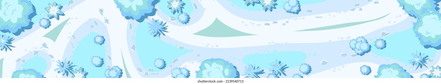 Winter landscape top view. Snowy frosty nature in cold season. From high. White and blue drifts of snow. Illustration in cartoon style flat design. Vector.